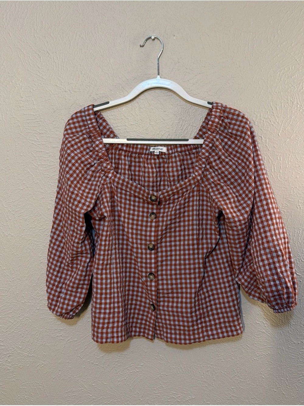 Madewell Rust and White Gingham Button-Front Top